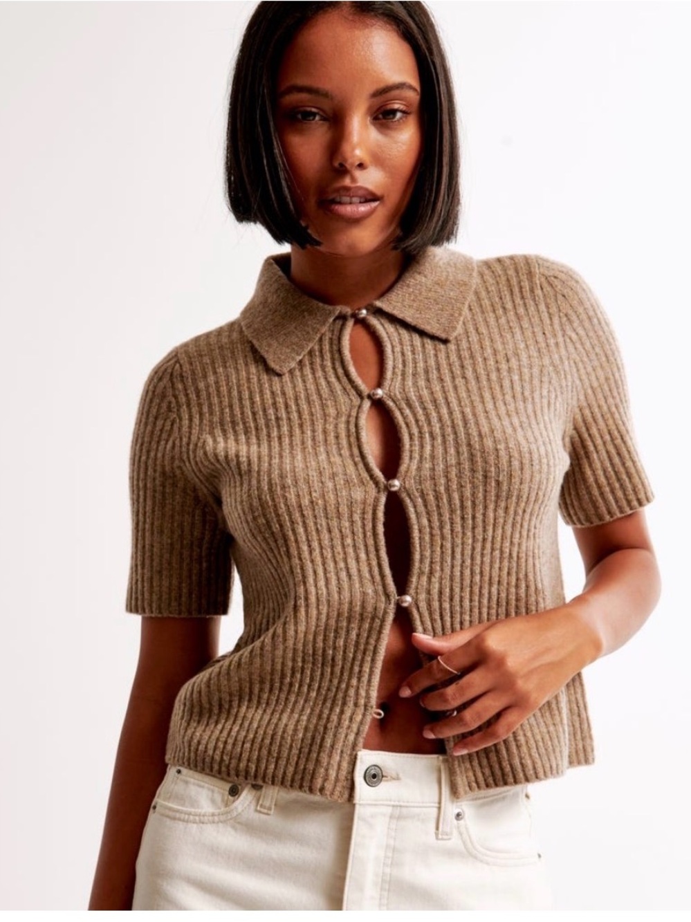 Abercrombie & Fitch Ribbed Short-Sleeve Cardigan in Light Brown